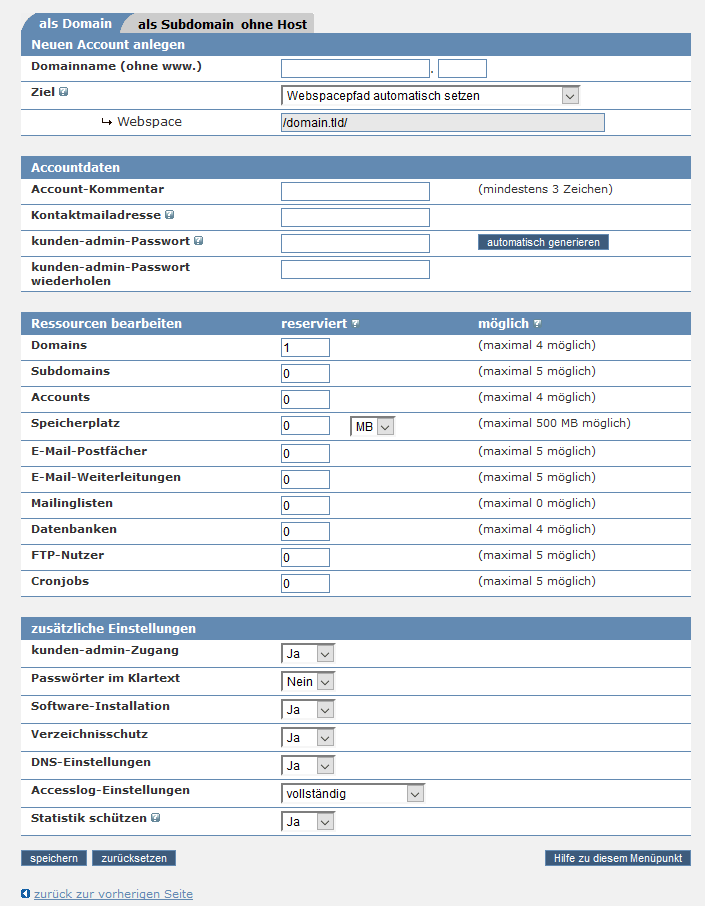 Webhoster Unteraccount für jedes Projekt